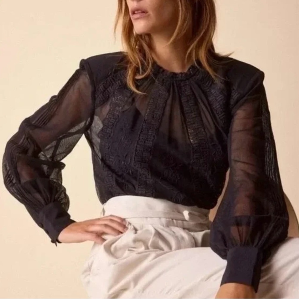St. Roche Sheer Lace Mesh Edwardian Dark Plum‎ Purple Romantic Blouse Size 2